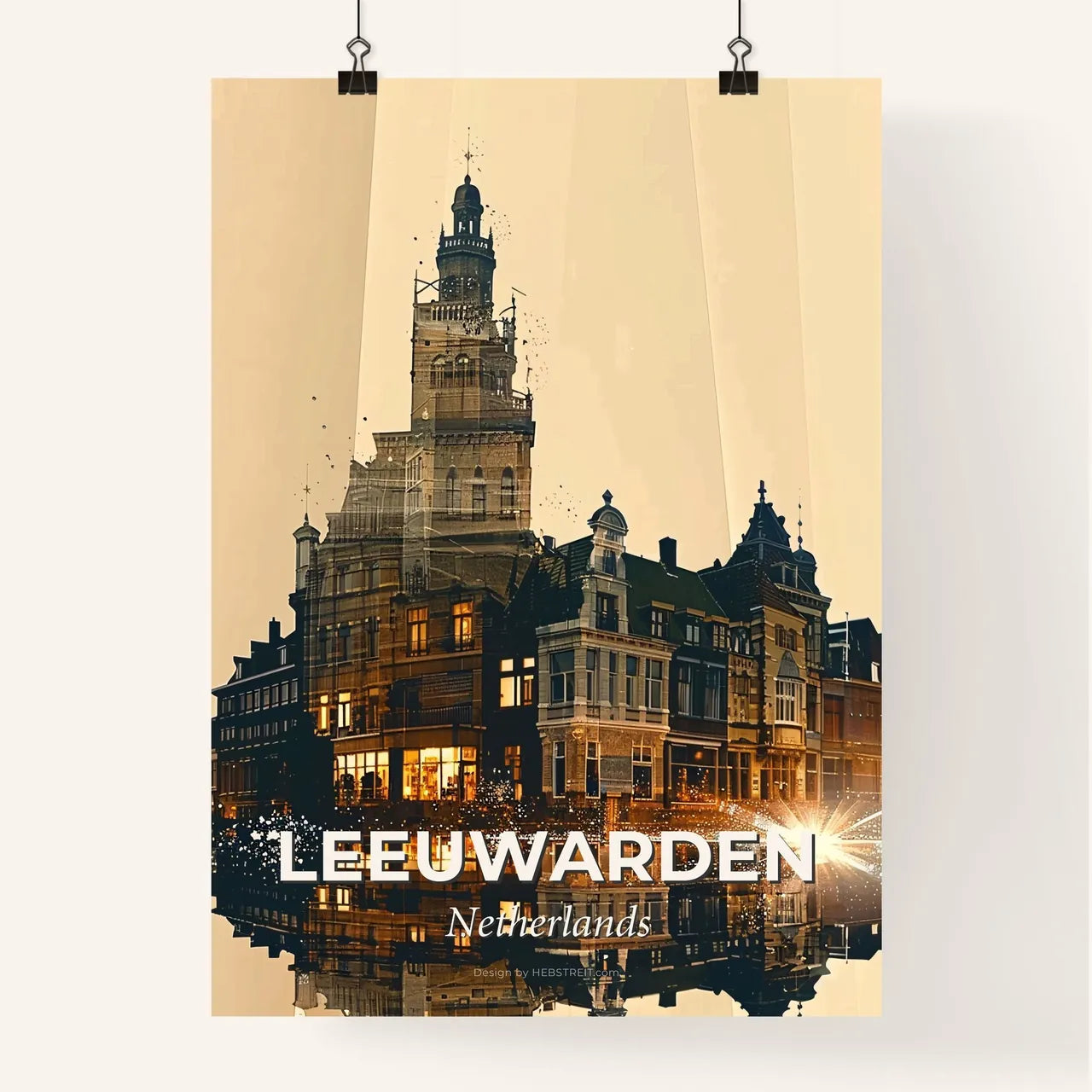 Leeuwarden City Architecture Skyline Art Collage Beige Sparkle Poster