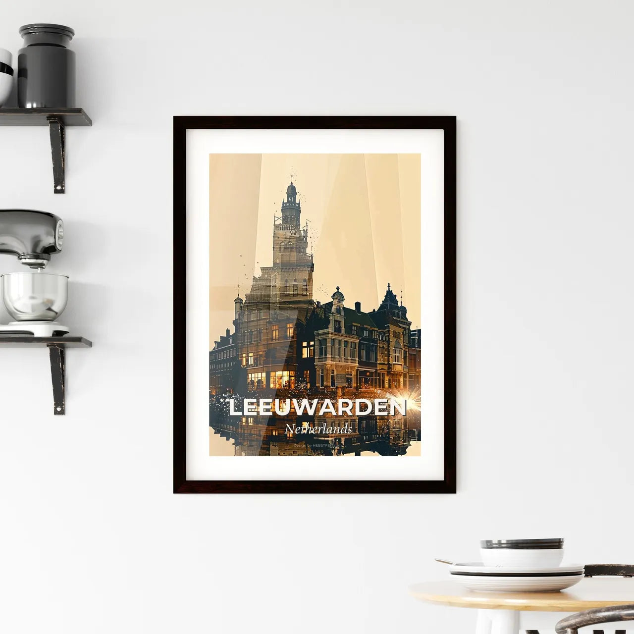 Leeuwarden City Architecture Skyline Art Collage Beige Sparkle Framed Print