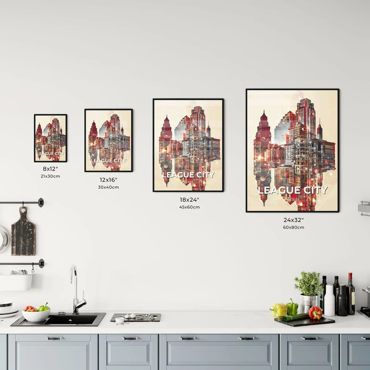 League City Texas Double Exposure Poster Art Skyline Icons Office Art