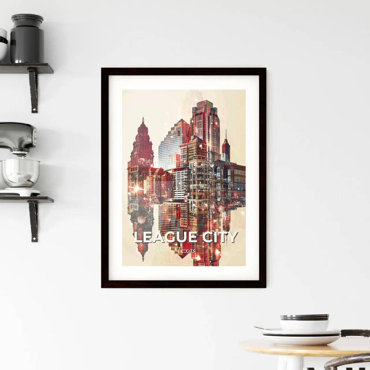 League City Texas Double Exposure Poster Art Skyline Icons Framed Print