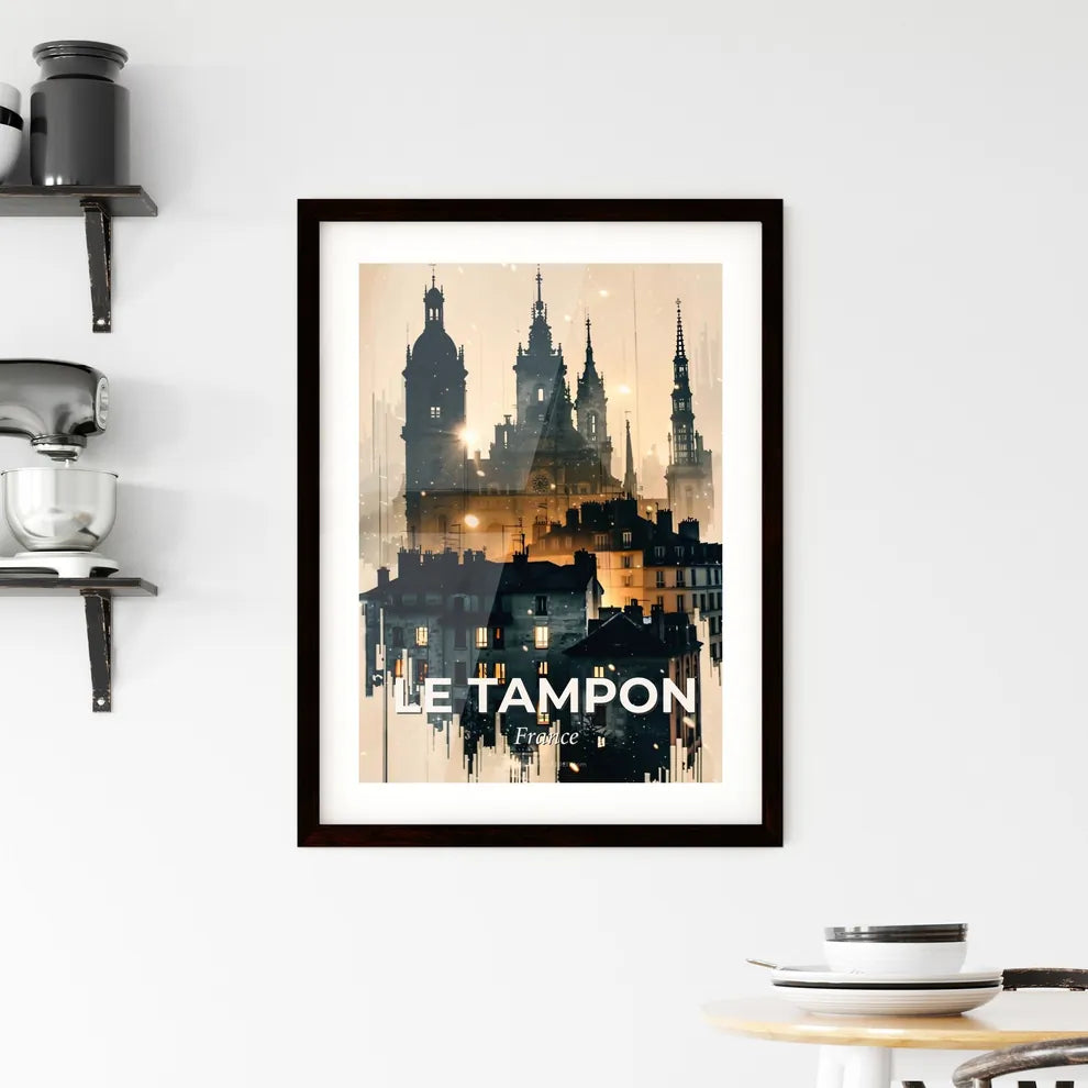 Le Tampon Skyline Silhouette Art Poster Bright Beige Framed Print