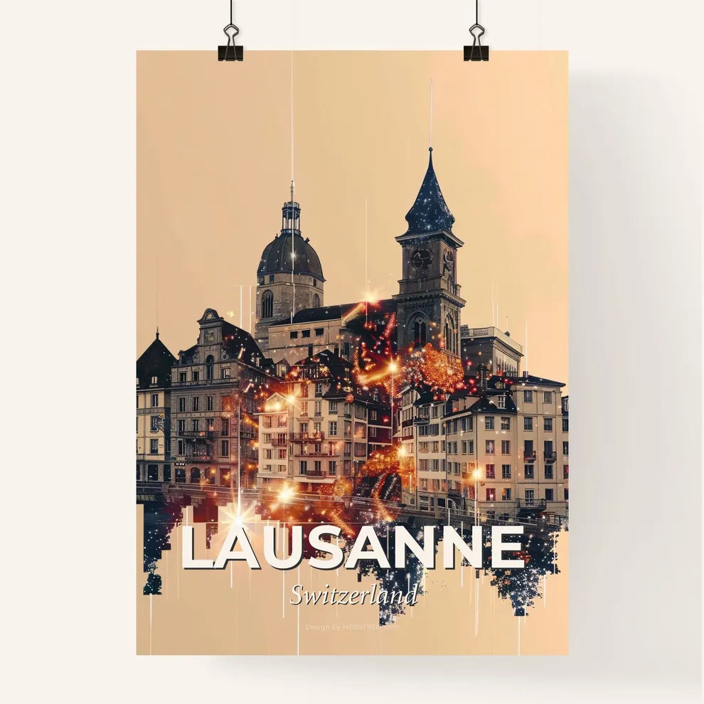 Lausanne Skyline Sparkles Bright Beige Art Print Poster