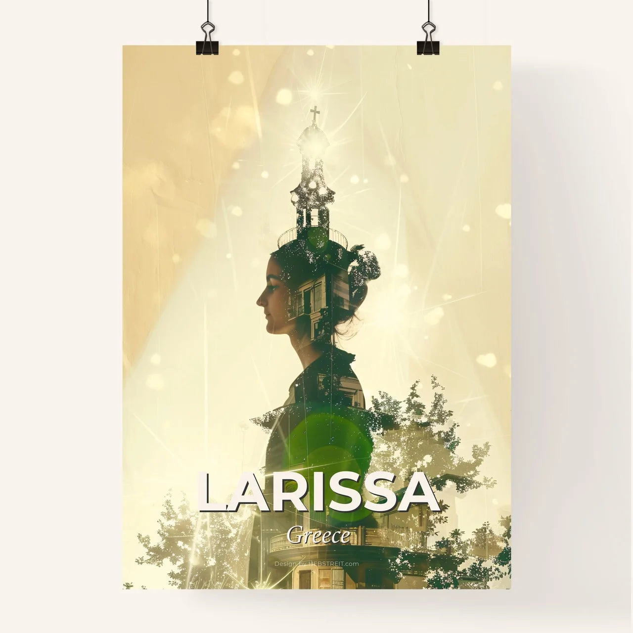 Larissa Greece Skyline Art Deco Bright Paper Background Poster