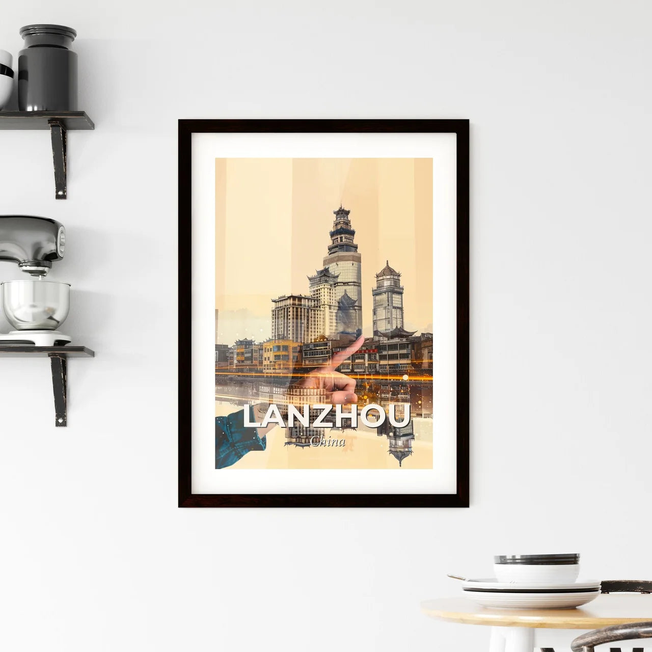 Lanzhou Cityscape Icons Double Exposure Beige Art Framed Print