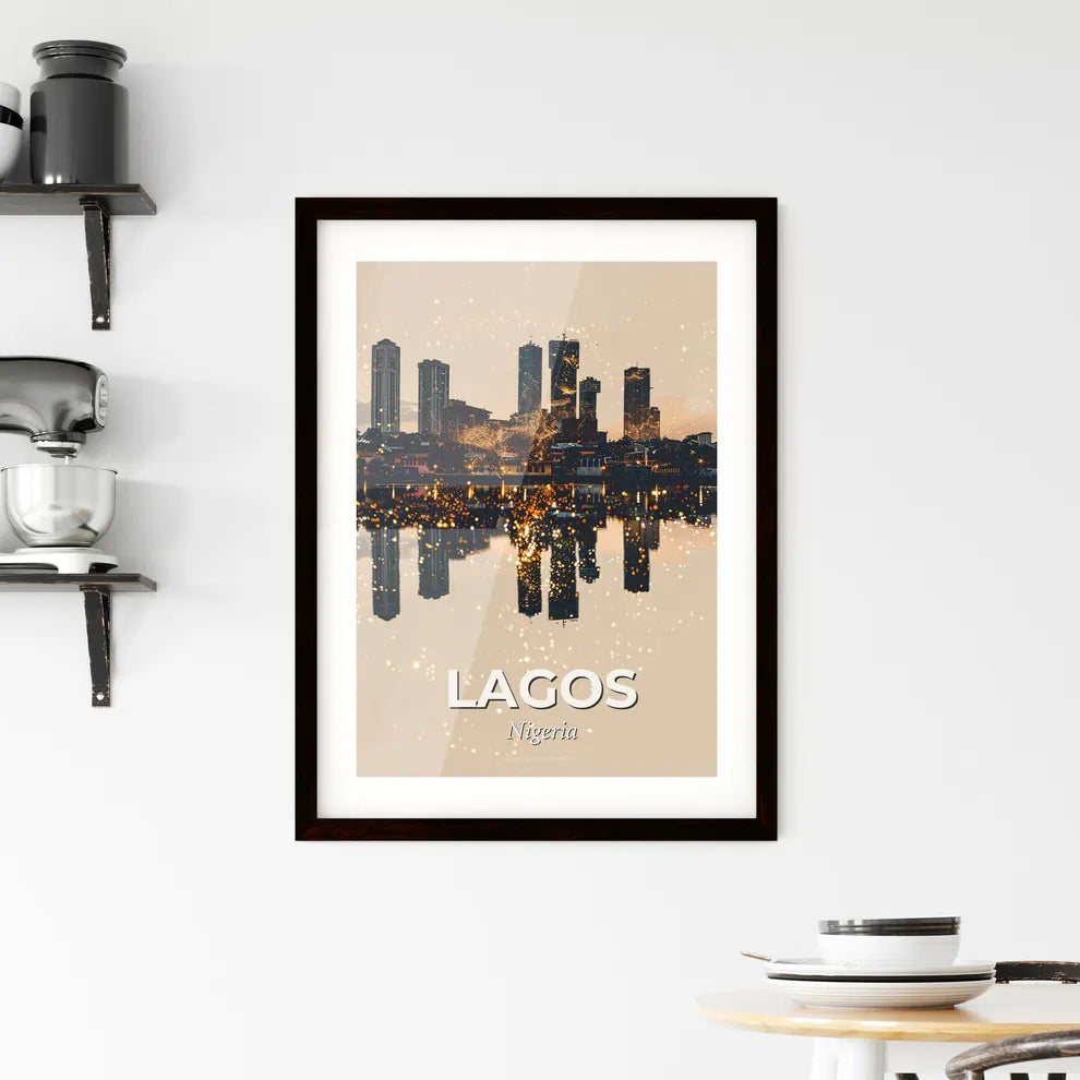 Lagos Skyline in Vibrant Beige & Sparkle Framed Print