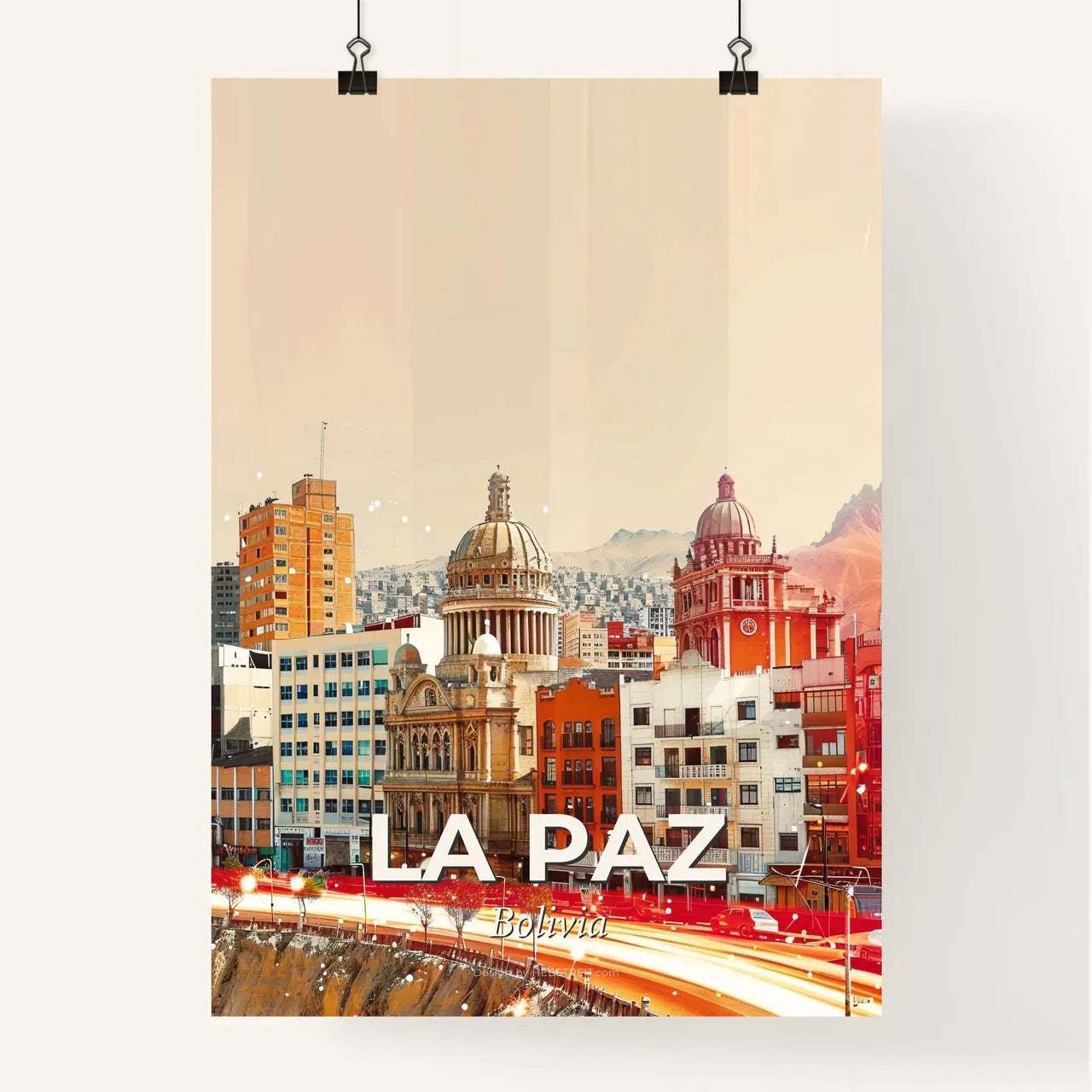 La Paz Panorama Cityscape Artwork on Beige Paper Poster