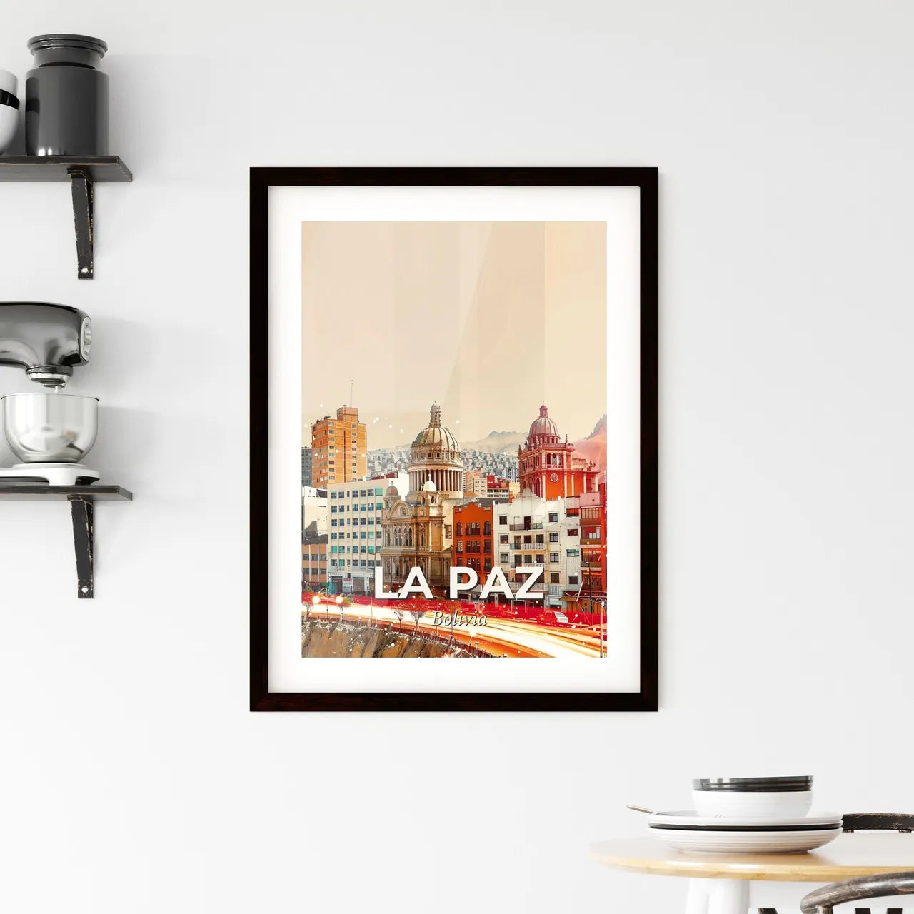 La Paz Panorama Cityscape Artwork on Beige Paper Framed Print