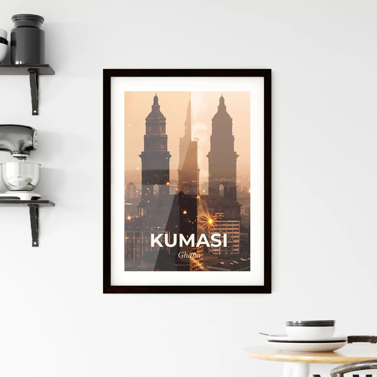 Kumasi Skyline Beige Sparkle Poster Art Framed Print
