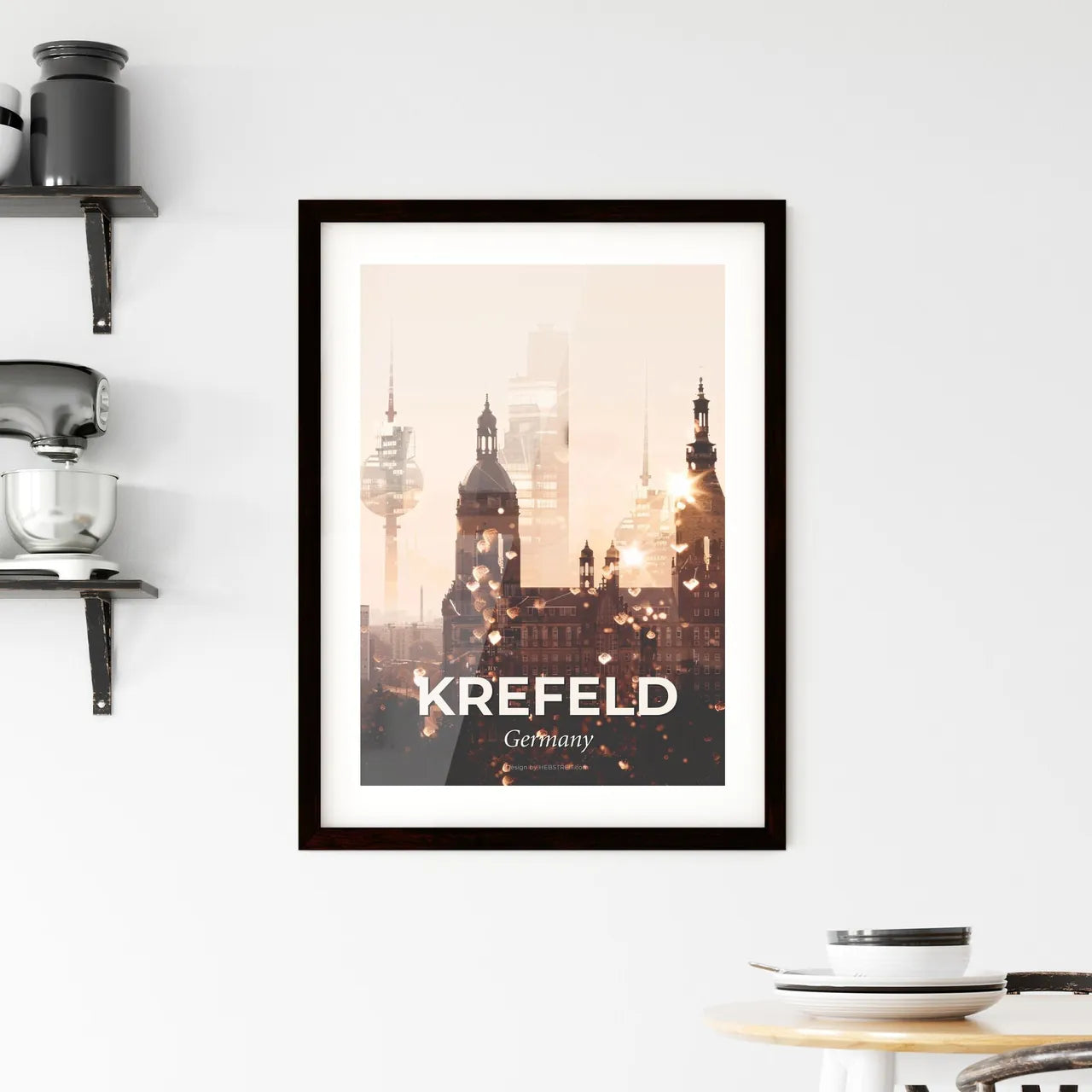 Krefeld Skyline Double Exposure Beige Paper Poster Framed Print