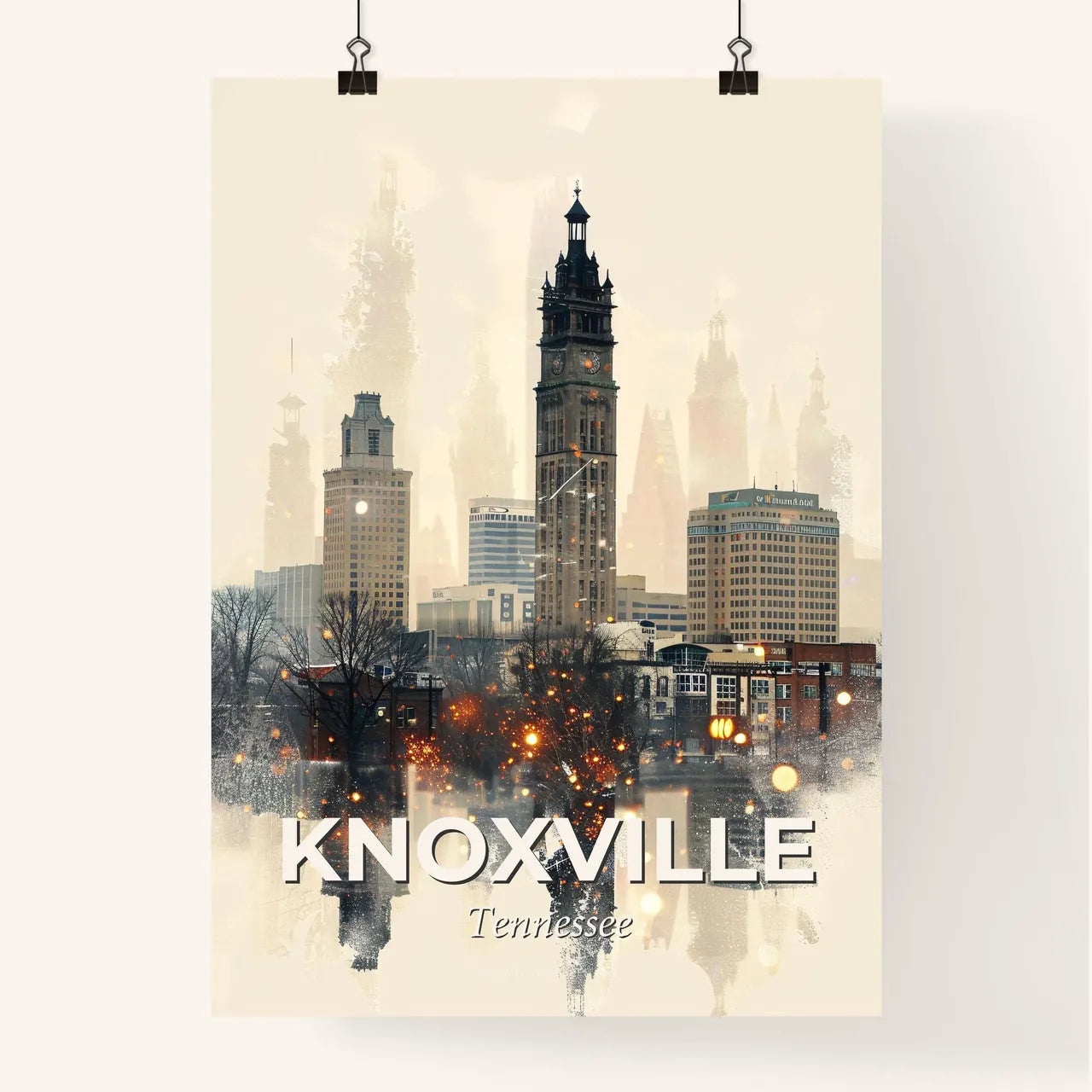 Knoxville City Skyline with Art Deco Icons on Beige Poster