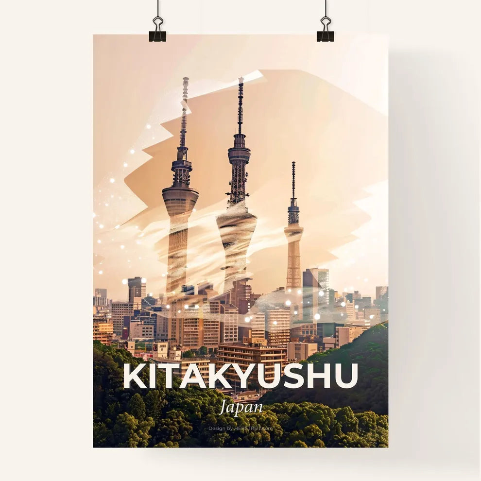 Kitakyushu Skyline Double Exposure Architectural Art Poster