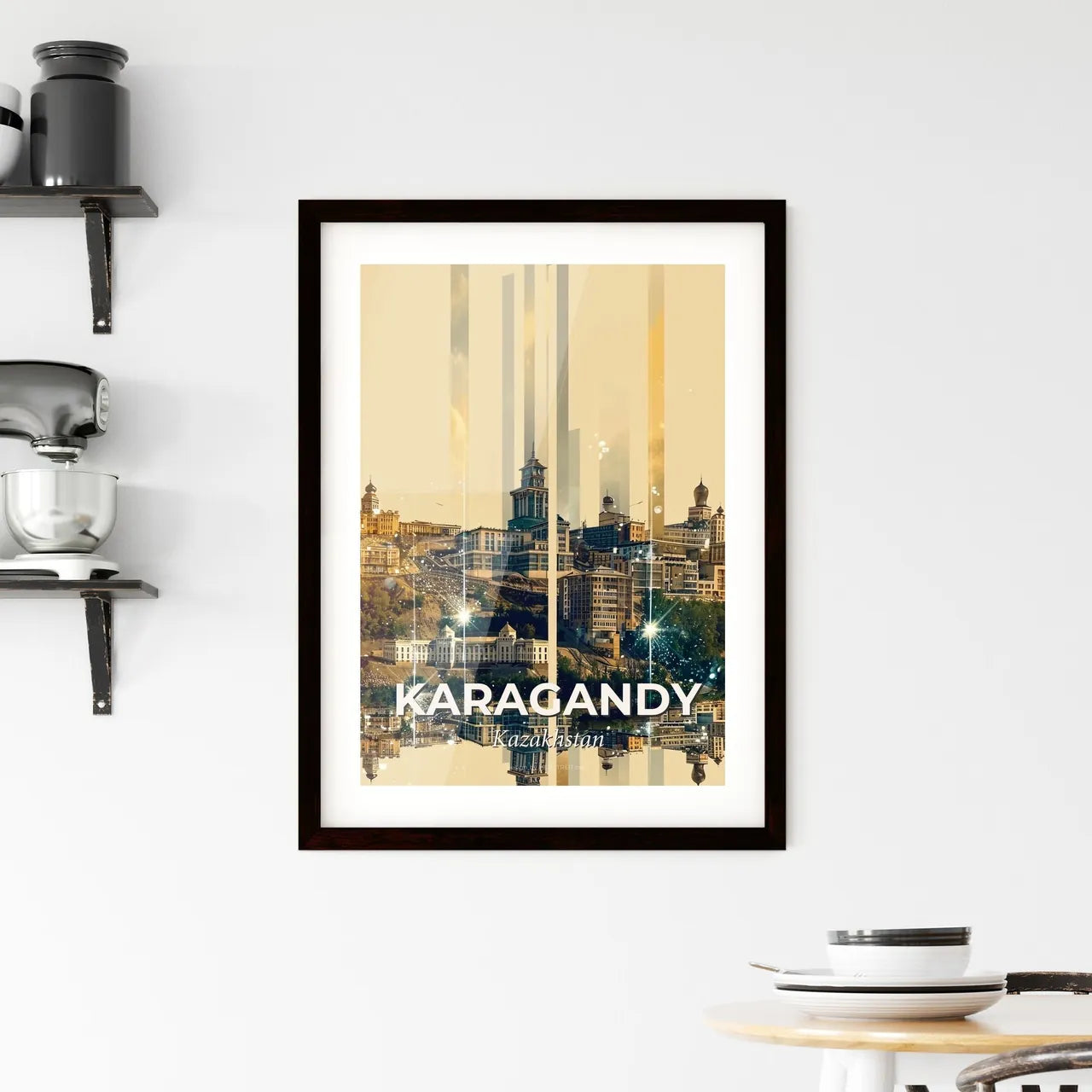 Karagandy City Icons Double Exposure Skyline Poster Framed Print