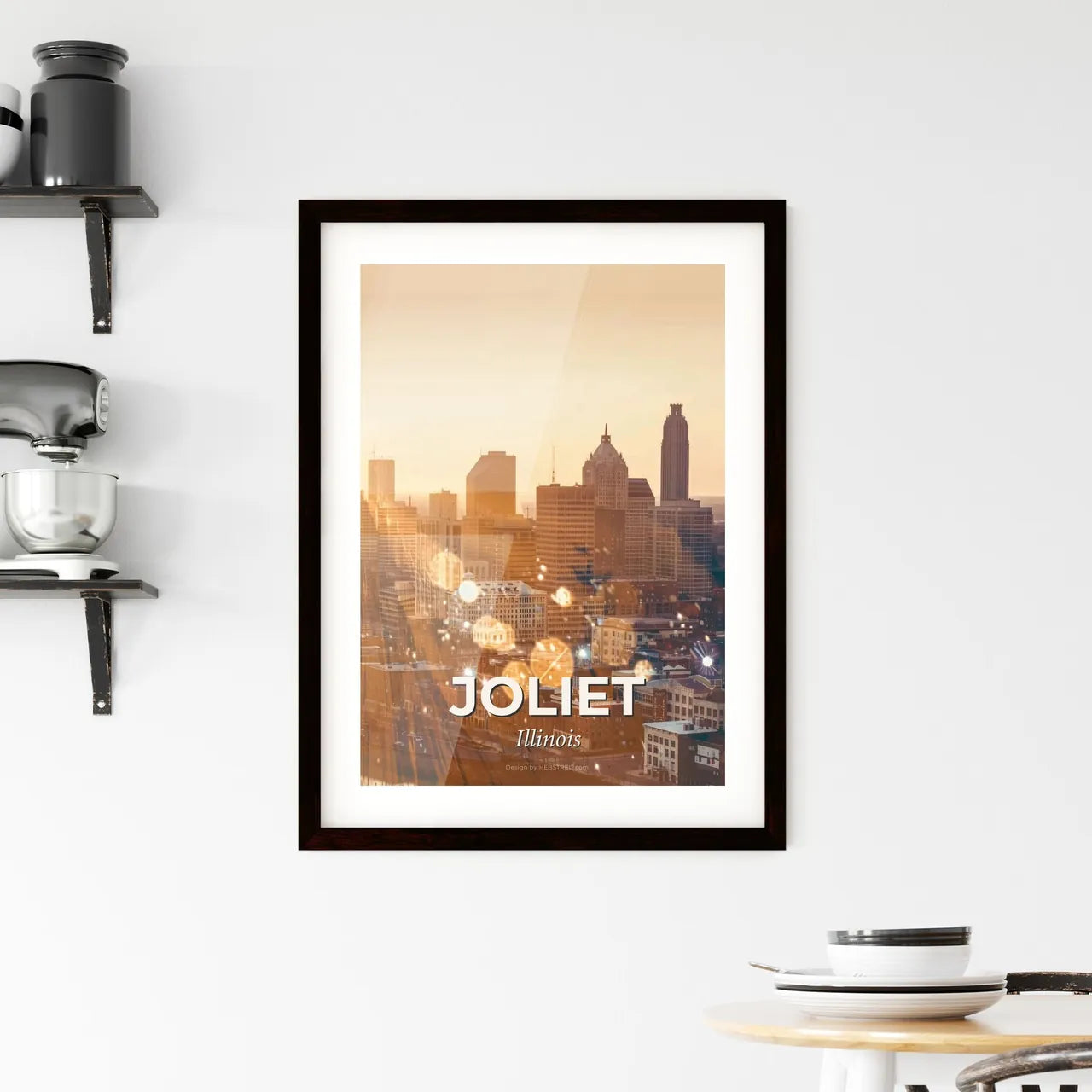 Joliet City Skyline Poster: Local Art, Bright Beige Framed Print