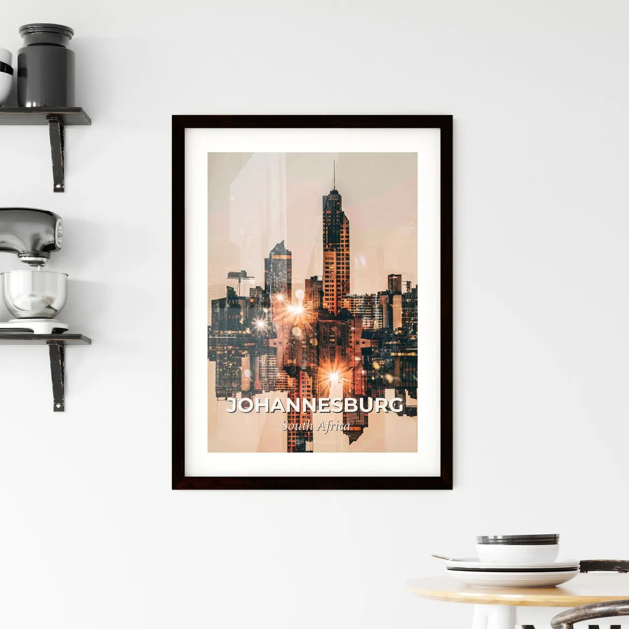 Johannesburg Skyline on Beige with Sparkles Framed Print