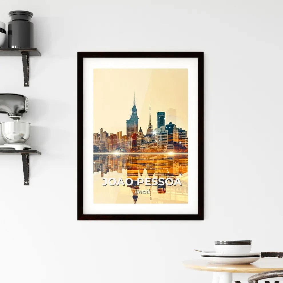 Joao Pessoa Skyline Cityscape Beige Sparkle Poster Framed Print