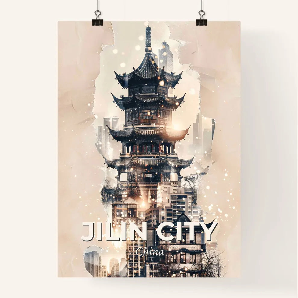 Jilin City Skyline Minimalist Double Exposure Poster