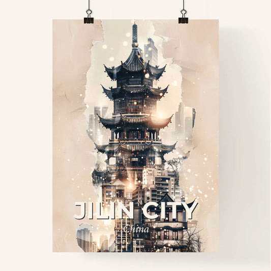 Jilin City Skyline Minimalist Double Exposure Poster