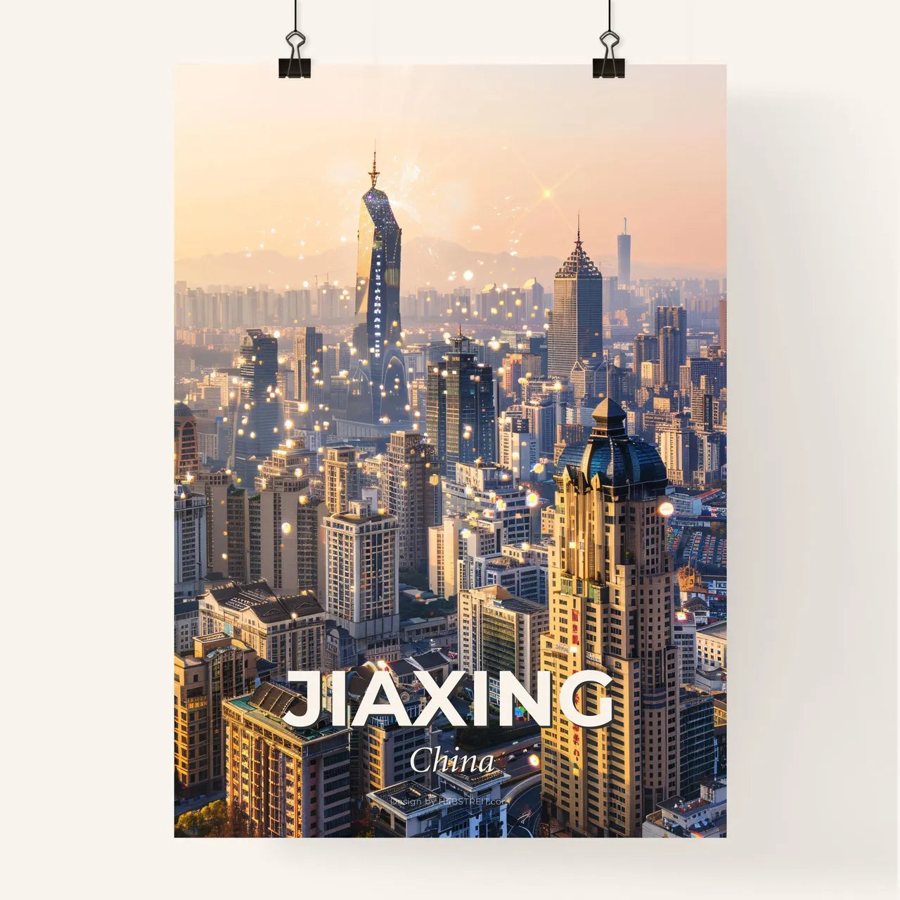Jiaxing Cityscape Composite Art on Beige Poster