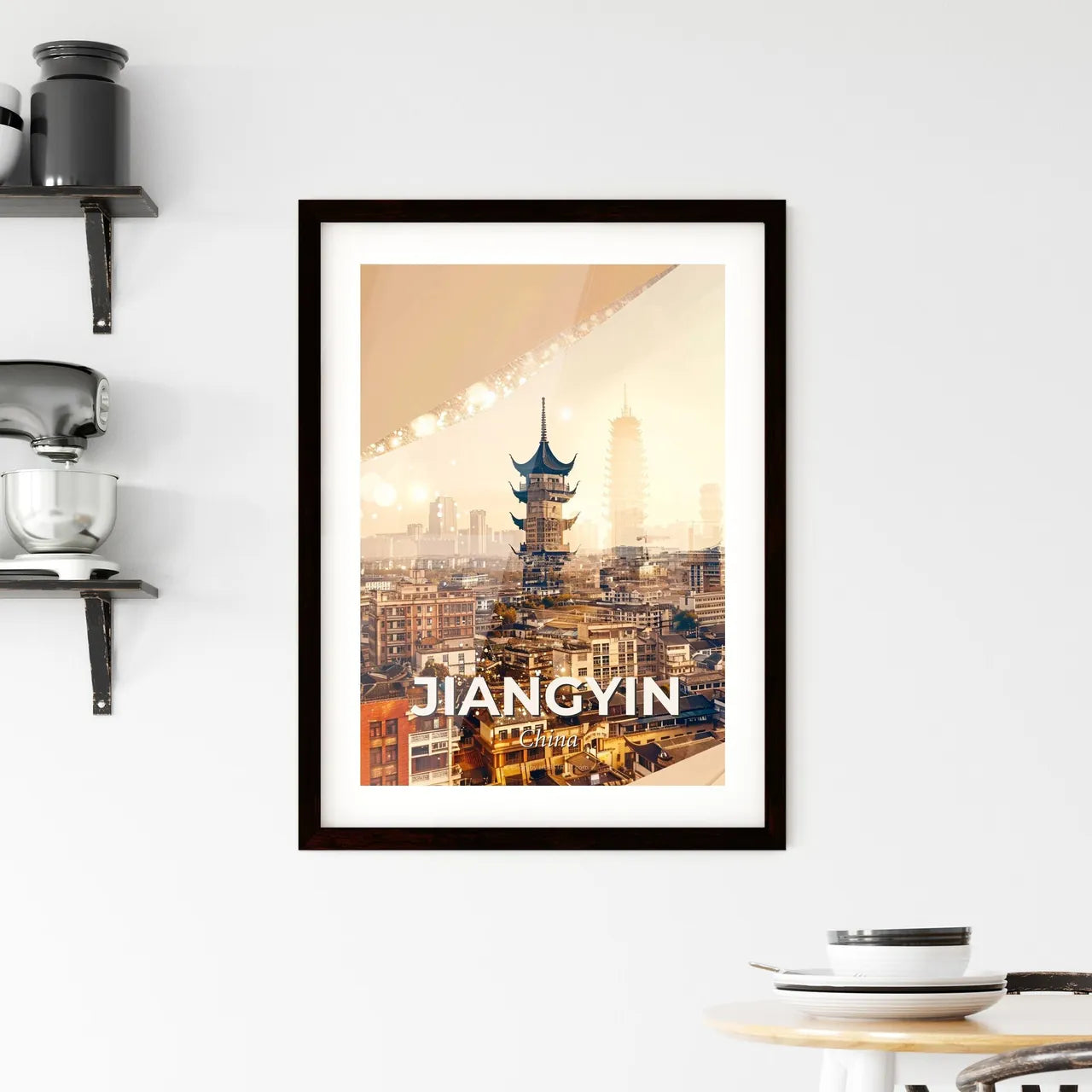 Jiangyin Skyline Art: Local Icons, Beige, Backlights Framed Print