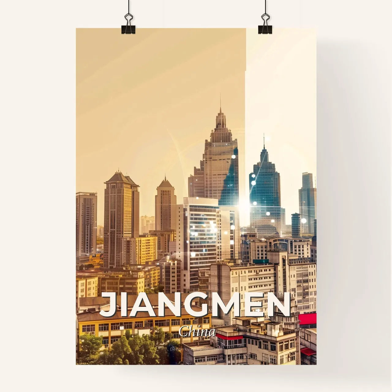 Jiangmen Skyline: Local Icons in Vibrant Beige Poster