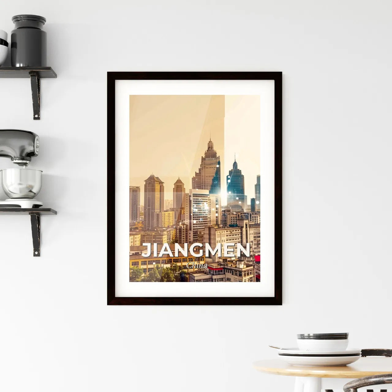 Jiangmen Skyline: Local Icons in Vibrant Beige Framed Print