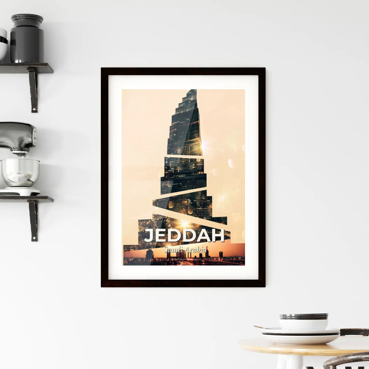 Jeddah Skyline Double Exposure Minimalist Beige Framed Print