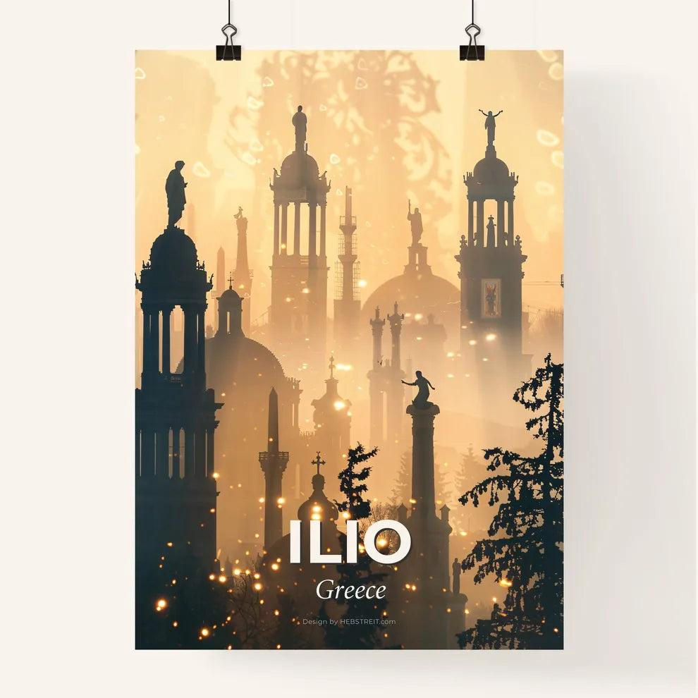 Ilio, Greece: City Icons in a Double Exposure Poster
