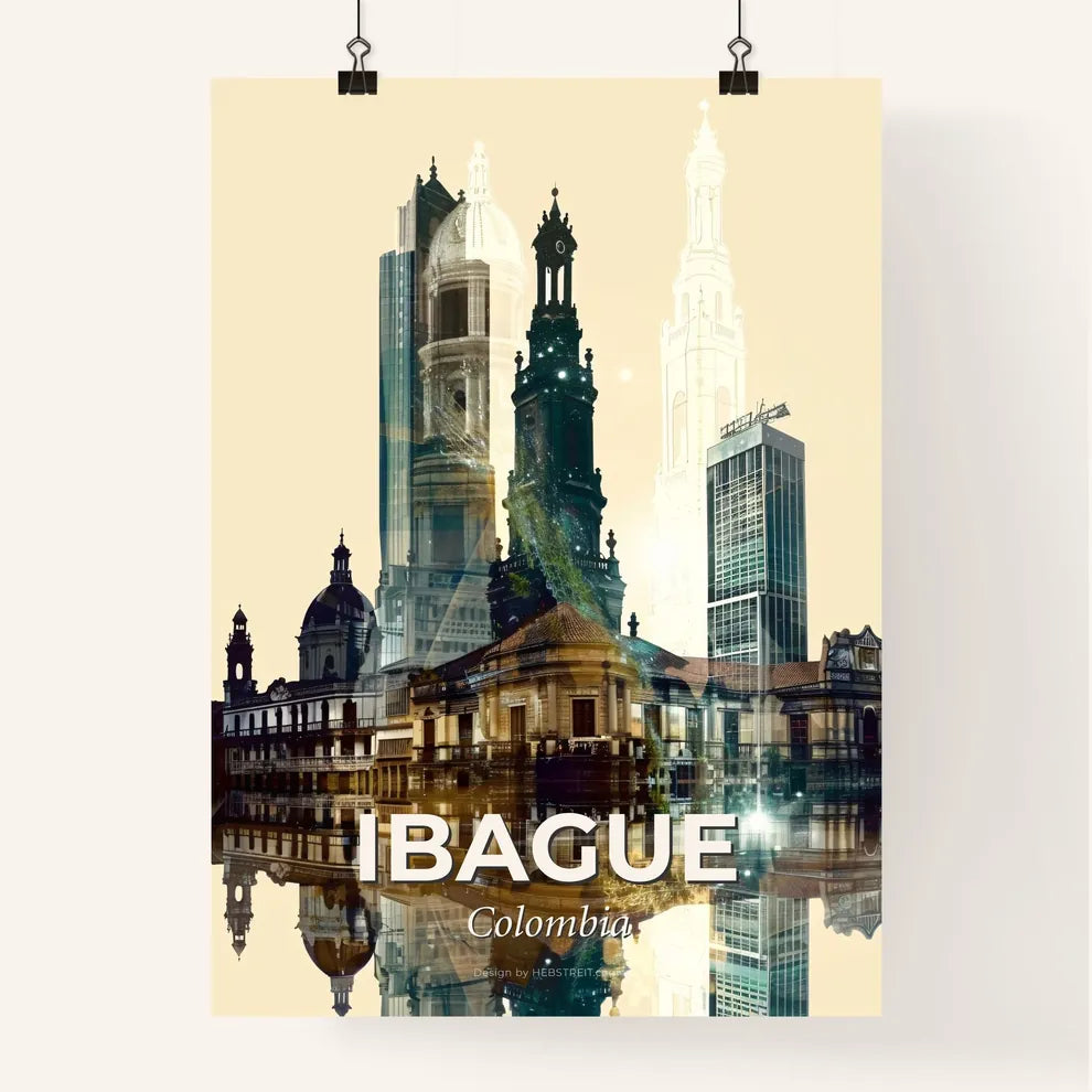 Ibague Skyline and Icons Double Exposure Art Poster