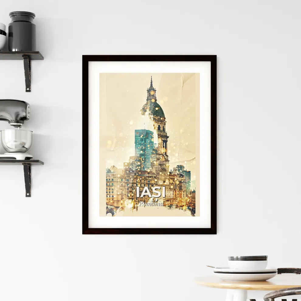 Iasi City Skyline Double Exposure Art Poster Framed Print