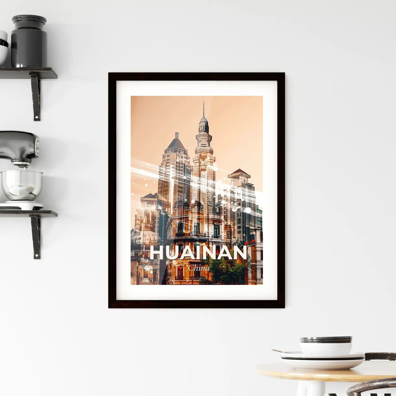 Huainan Architectural Skyline Double Exposure Poster Art Framed Print
