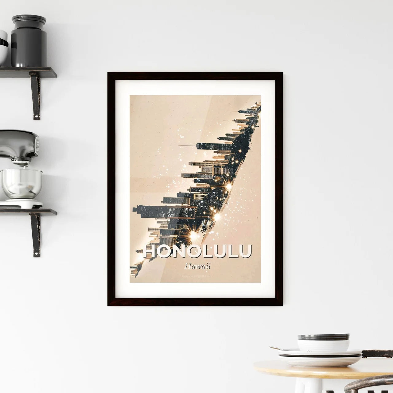 Honolulu Night City Lights Composite Art Poster Framed Print