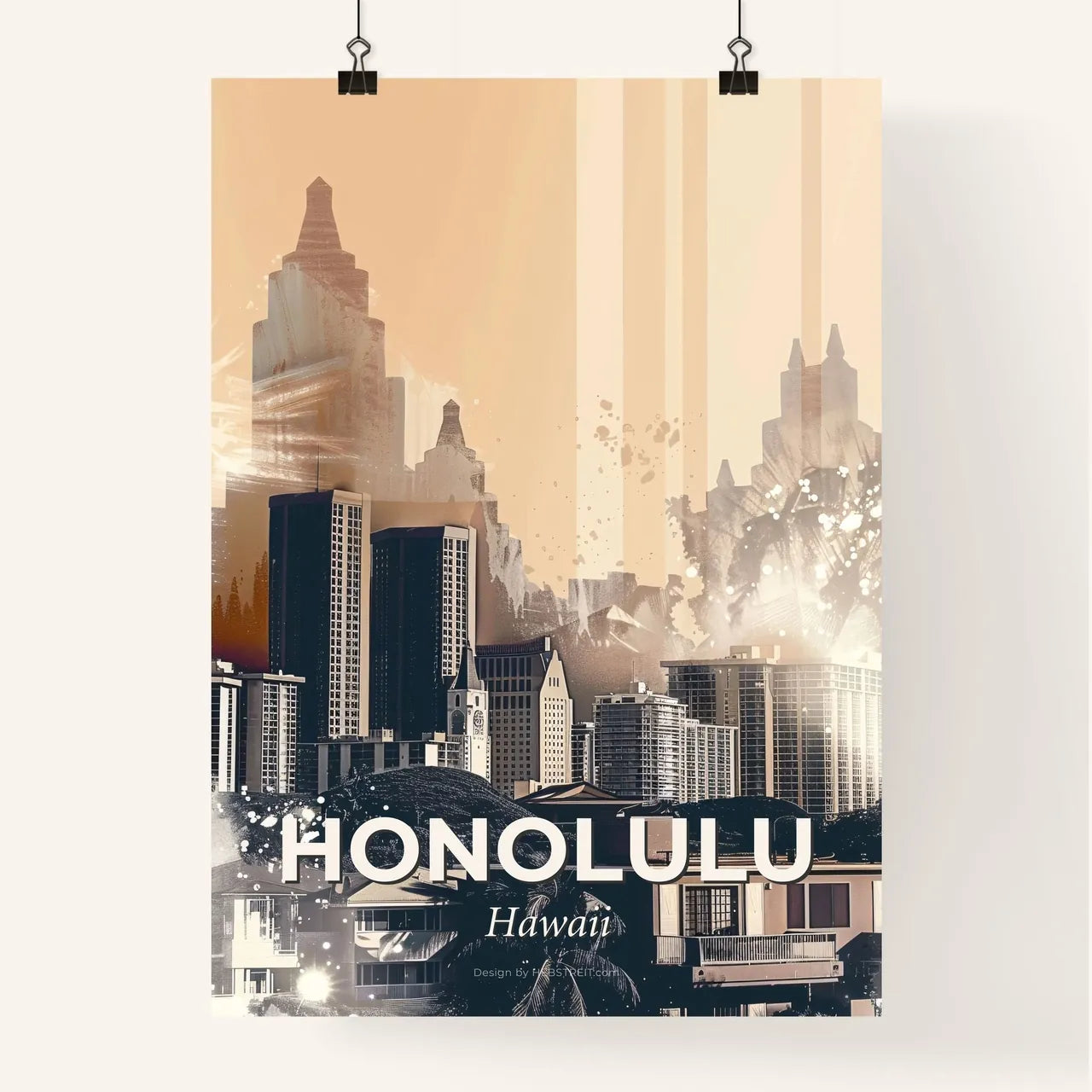 Honolulu Skyline Cityscape Double Exposure Artwork Poster