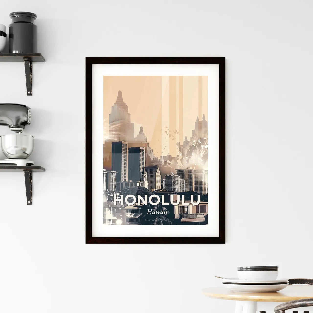 Honolulu Skyline Cityscape Double Exposure Artwork Framed Print