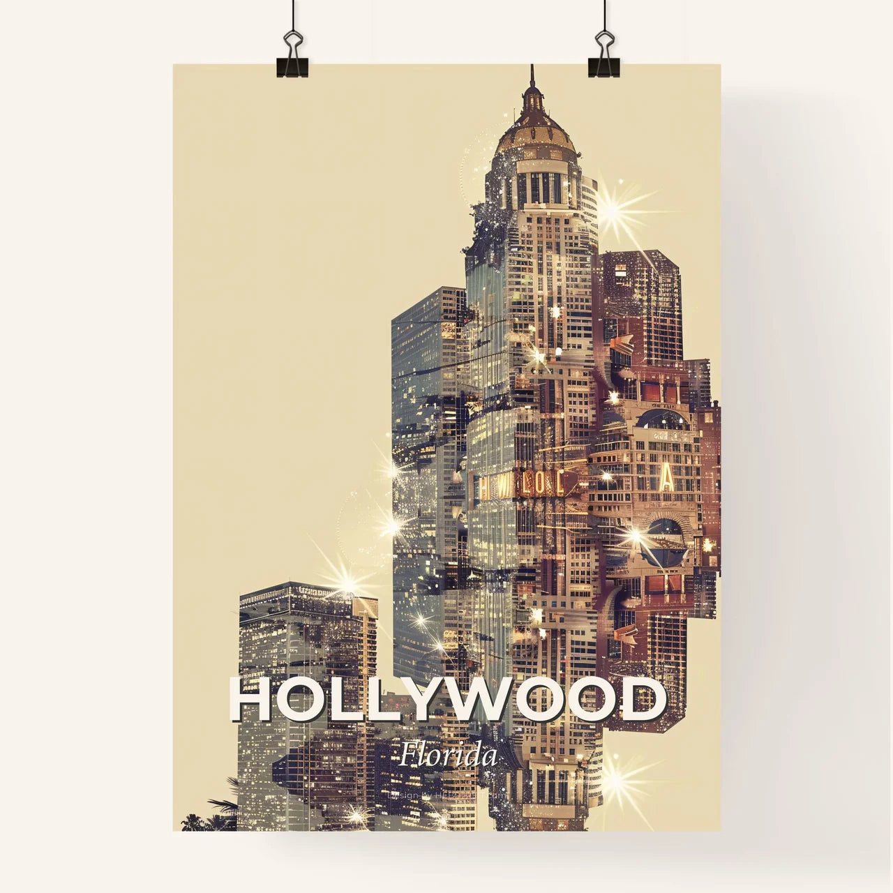 Hollywood's Splendor: Skyline Art with Sparkle Poster