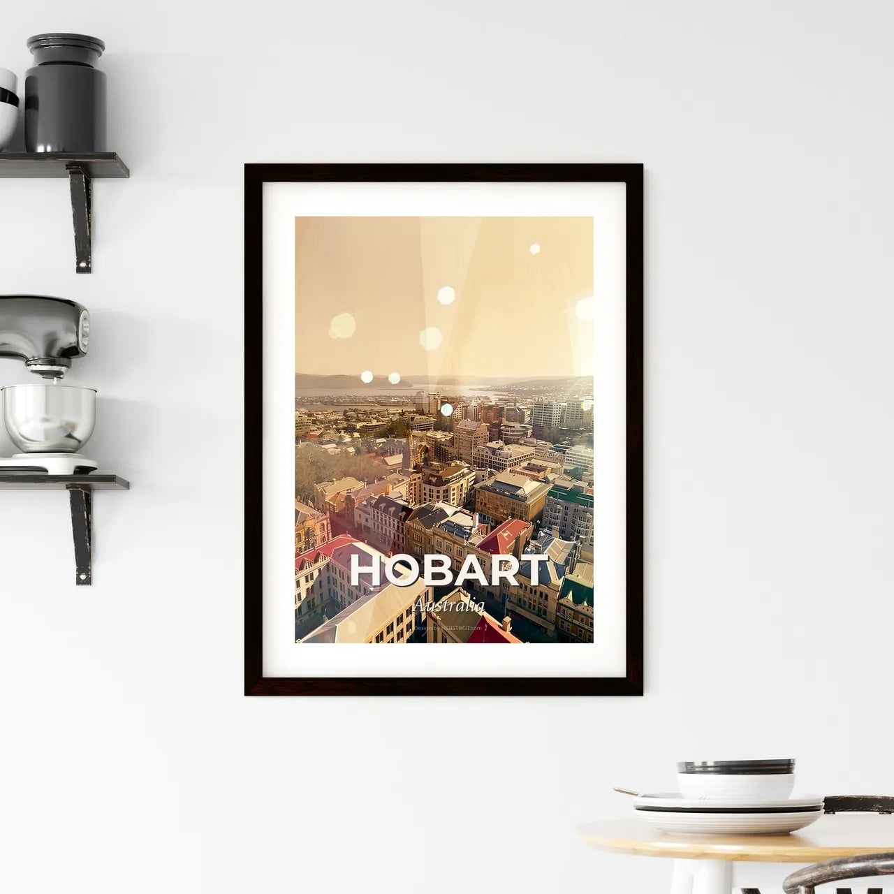 Hobart Skyline Icons Double Exposure Beige Poster Framed Print