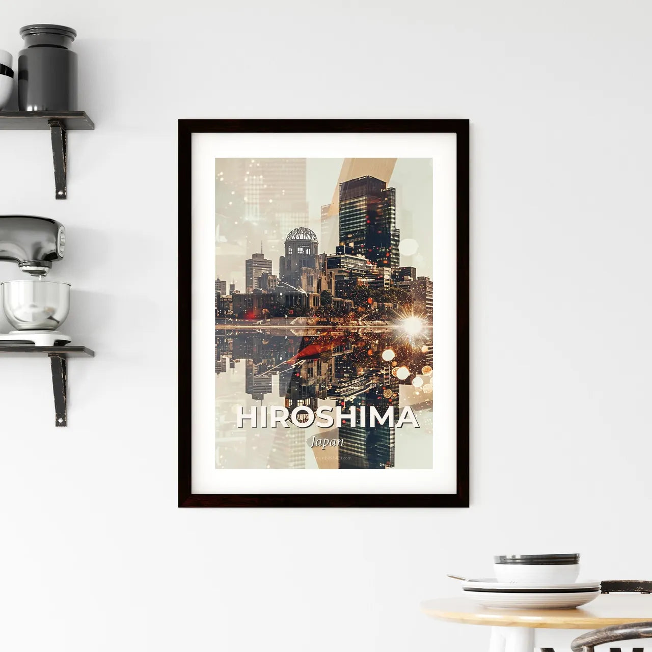 Hiroshima Skyline in Bright Beige Framed Print