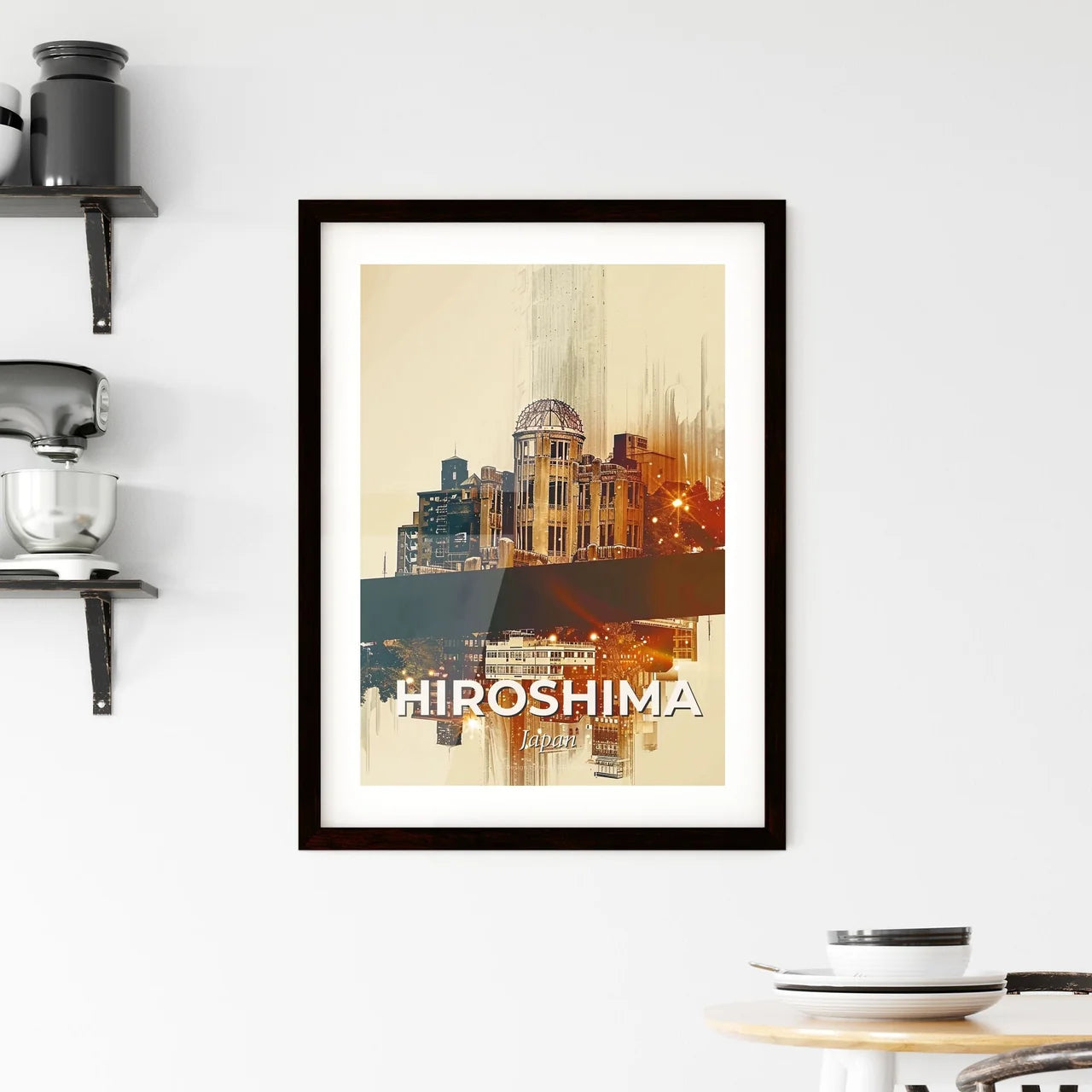 Hiroshima Skyline Composite Art, Bright Sparks, Beige Background Framed Print