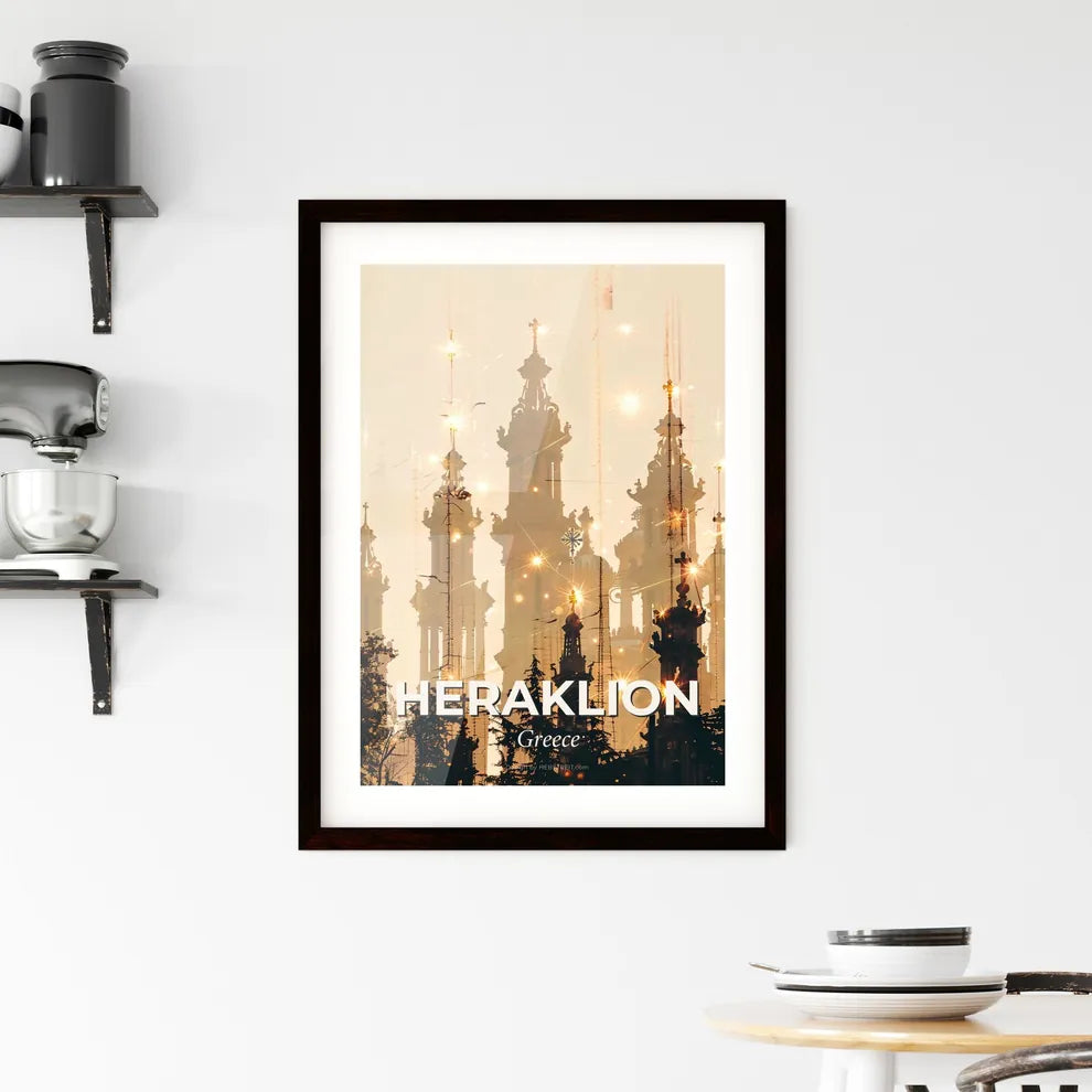 Heraklion: Skyline Double Exposure Silhouette Sparkle Poster Framed Print