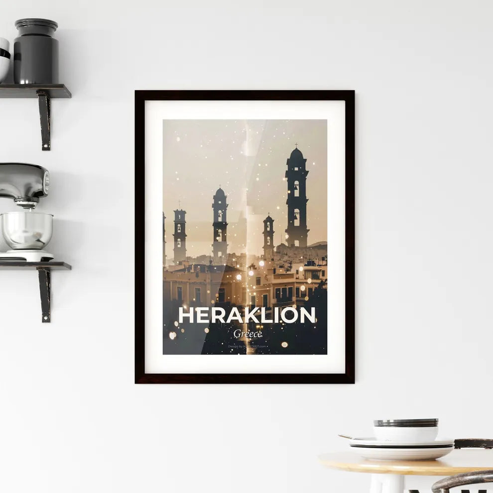 Heraklion Double Exposure City Icons Skyline Art Framed Print