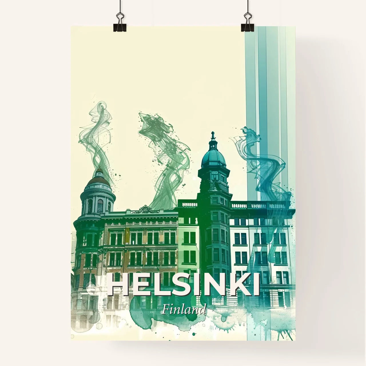 Helsinki Urban Scene: Turquoise and Beige Skyline Art Poster
