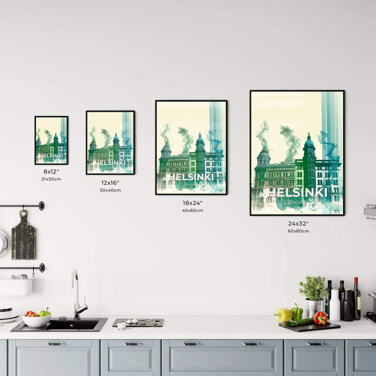 Helsinki Urban Scene: Turquoise and Beige Skyline Art Office Art