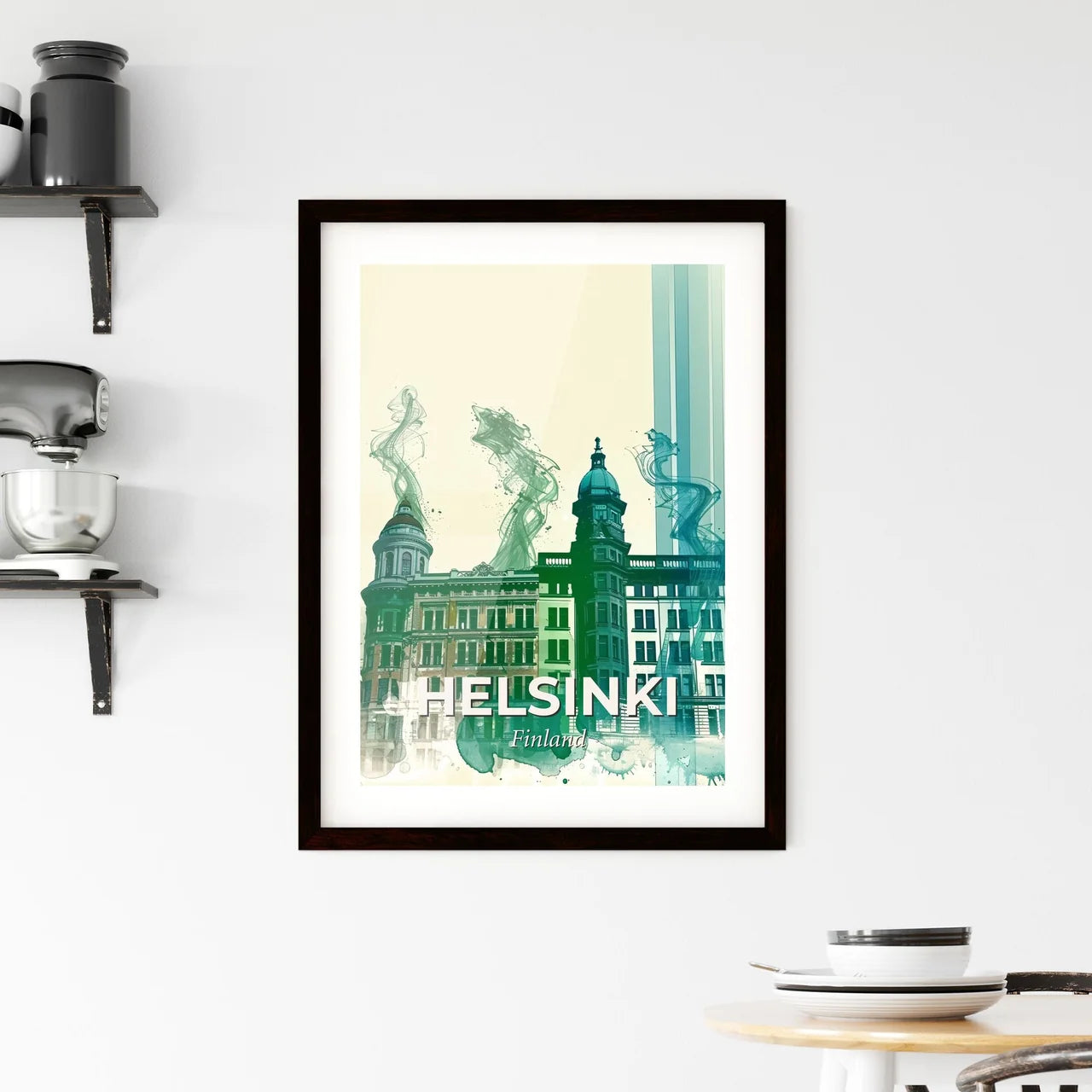 Helsinki Urban Scene: Turquoise and Beige Skyline Art Framed Print