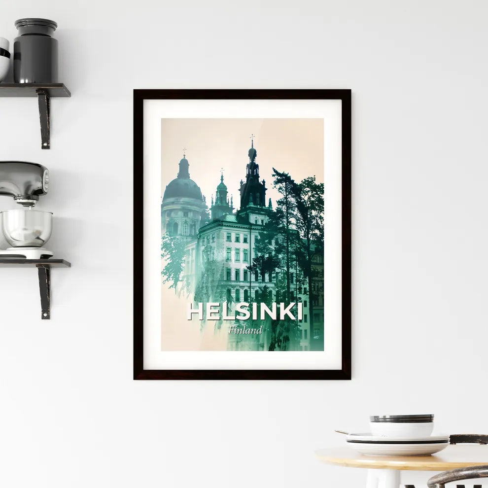Helsinki Skyline Double Exposure Beige Poster Framed Print