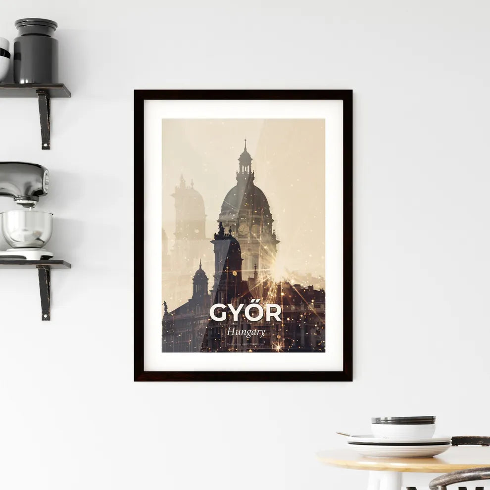 GyÅ‘r City Core Illuminated Skyline Artwork Framed Print