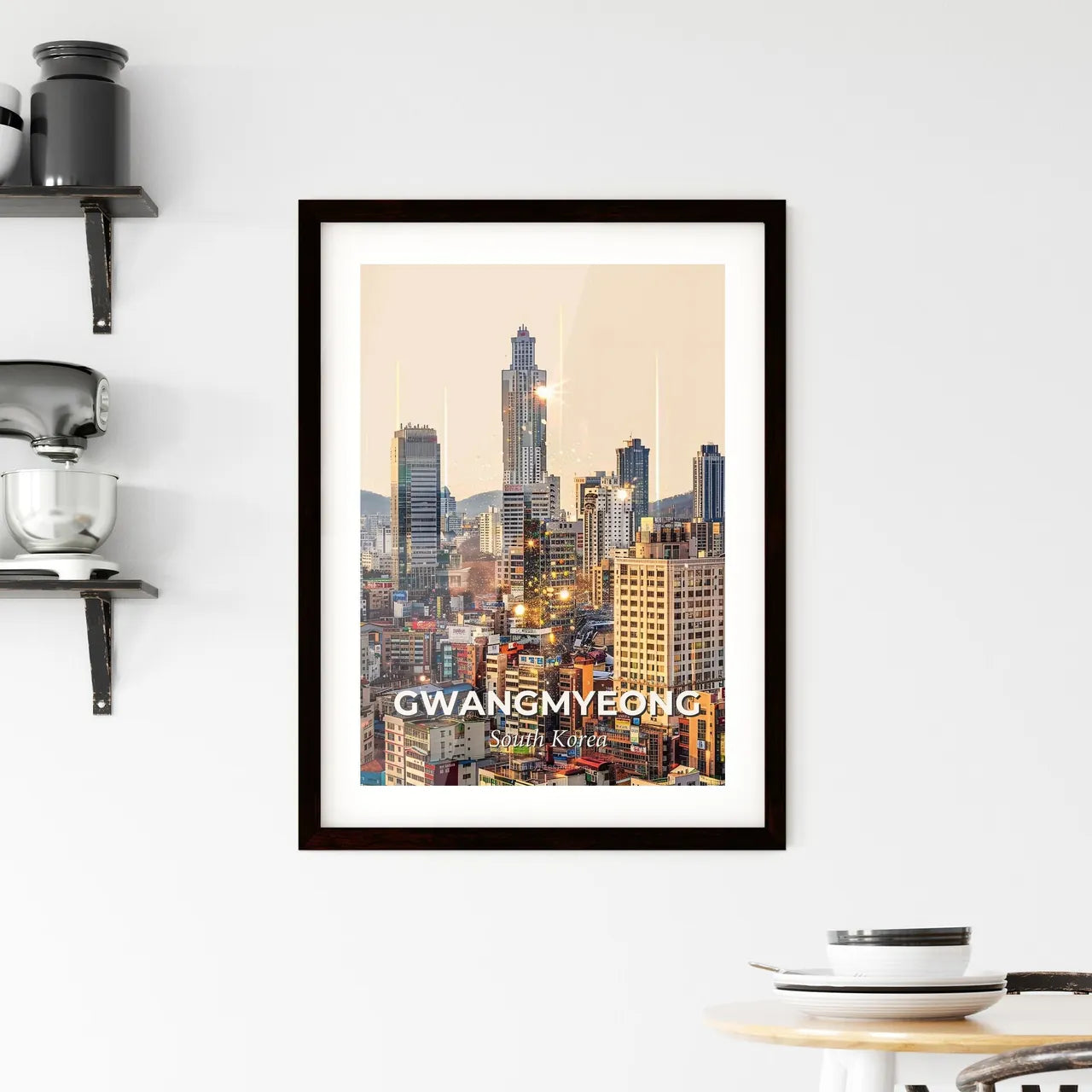 Gwangmyeong City Skyline Composite Bright Beige Paper Poster Framed Print