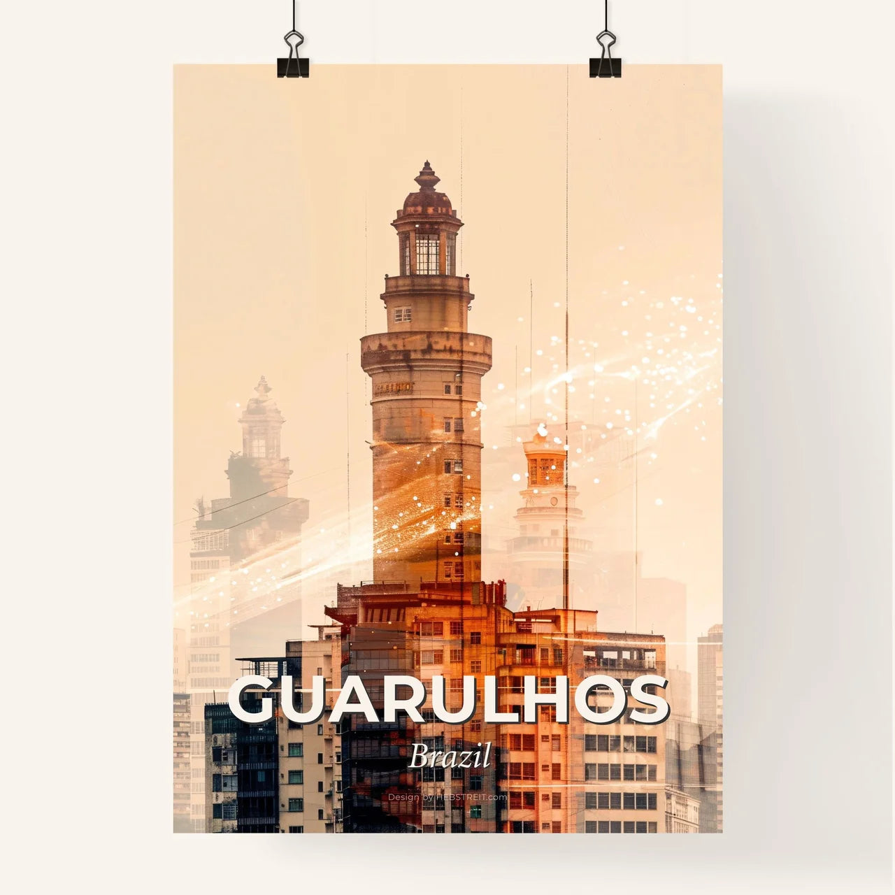 Guarulhos City Glow Skyline Art on Beige Poster