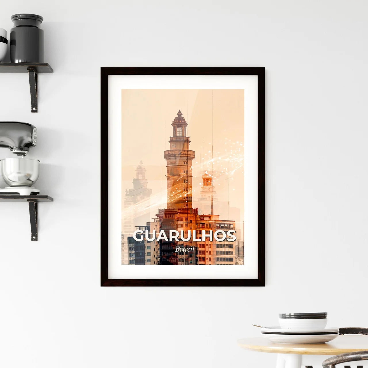 Guarulhos City Glow Skyline Art on Beige Framed Print