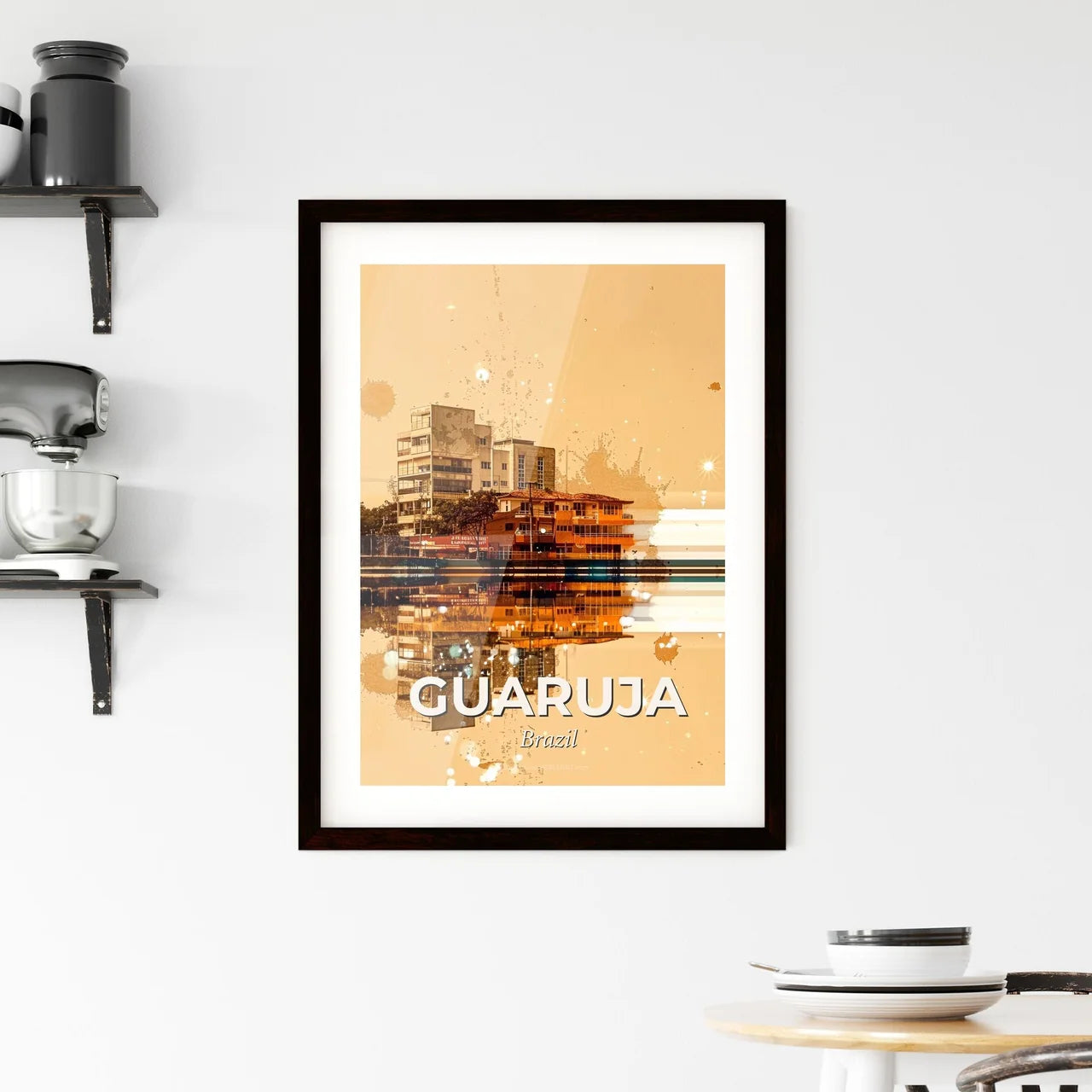 Guaruja Skyline Double Exposure Beige Sparks Framed Print