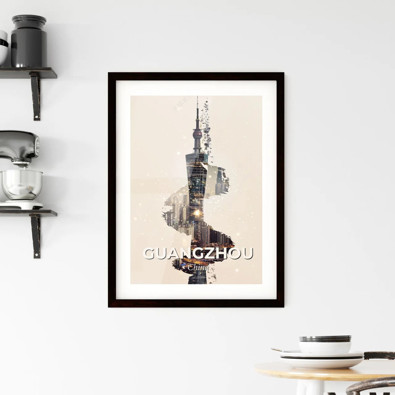 Guangzhou Skyline Double Exposure Poster Art Framed Print