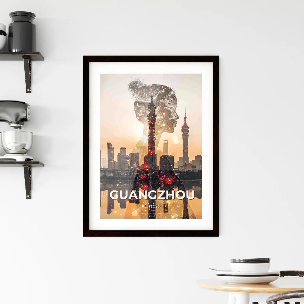 Guangzhou Skyline Composite Art, Local Icons, Bright Beige Framed Print